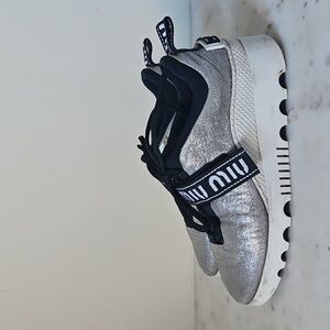MIU MIU: Glittering Silver Logo Sneakers